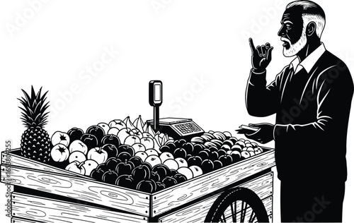 Man bargains for fresh fruit at a market stall