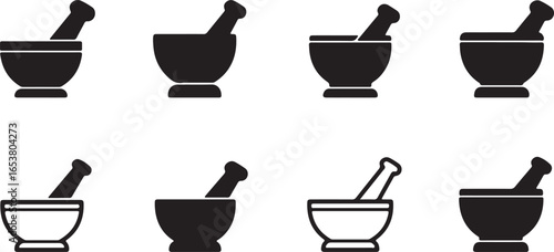 Collection of eight black mortar and pestle icons on a white background grinding crushing
