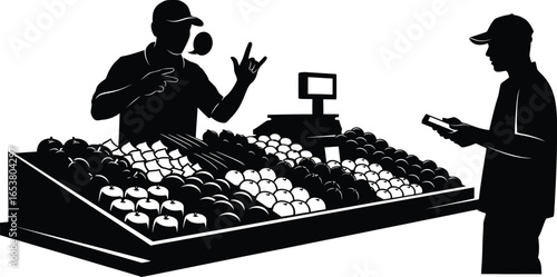 Customer shops produce while clerk gestures enthusiastically