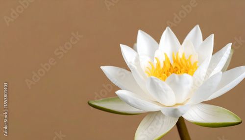 Close Up Of A White Lotus Flower With Yellow Stamen Against A Brown Background
