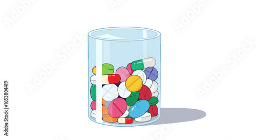 A clear glass container filled with numerous colorful round and oval shaped medicine pills and capsules displayed against a white background