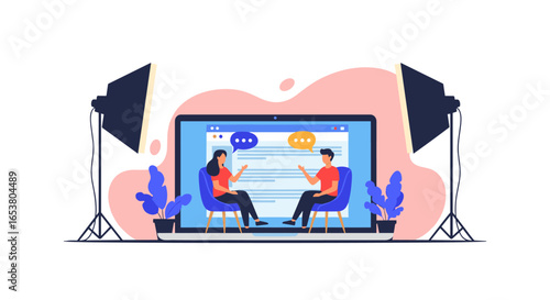 Virtual interview setup with professional lighting and modern digital communication platforms for online content creation