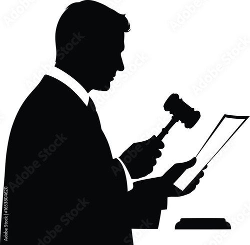 Judge holds gavel and document, ruling justice with authority