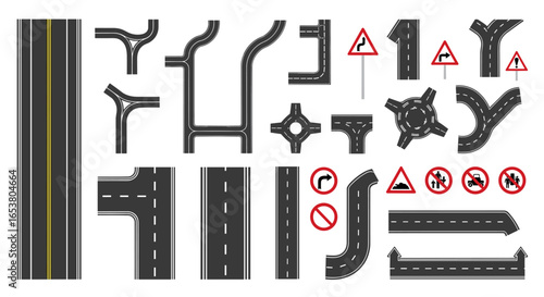 Collection of urban road elements and traffic signs for city planning and design projects