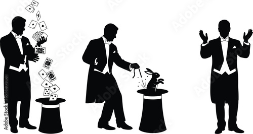 Magician performs card trick, pulls rabbit from hat, bows