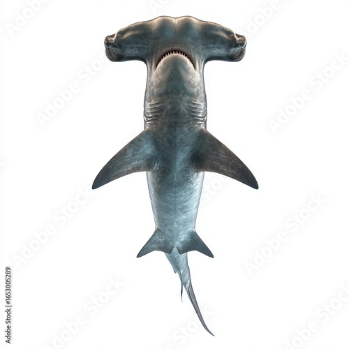 A blue hammerhead shark is seen from above against a white background.
