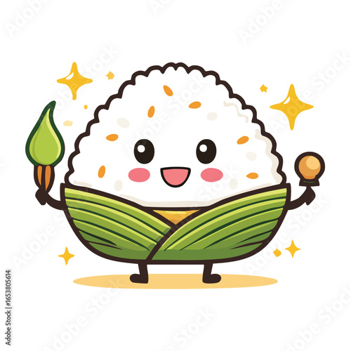 A cute cartoon illustration of a happy onigiri character holding a brush and a small ball.