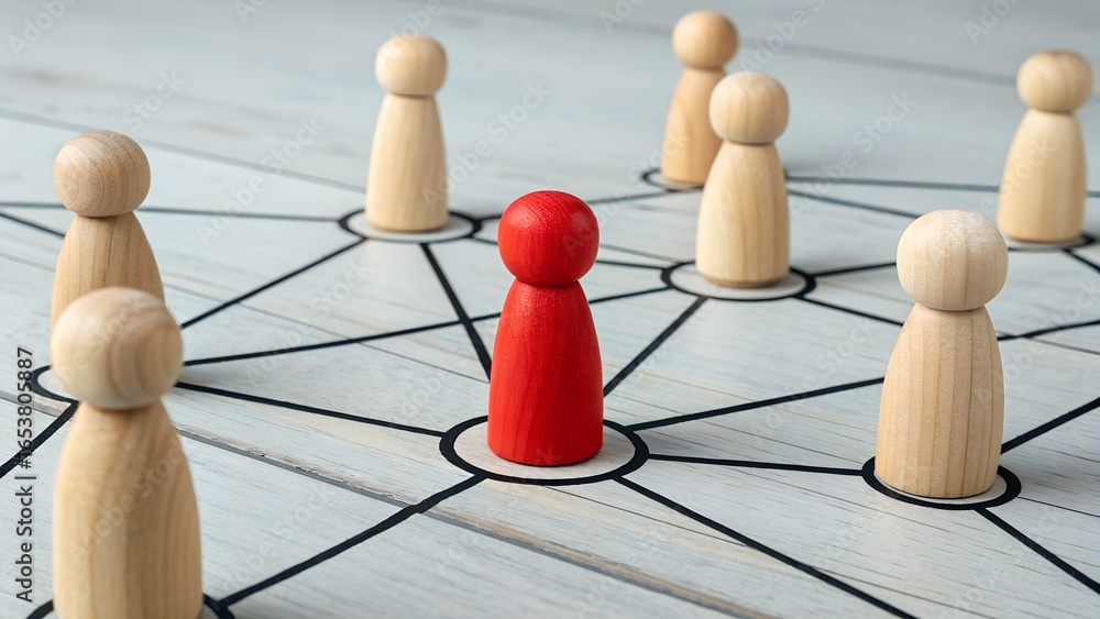 Obraz premium Leadership and Network Influence Concept – Red Wooden Figure at Center of Connected Web of Natural Wood Figures on Light Surface, Social Connectivity, Team Structure, Central Authority, Relationship M