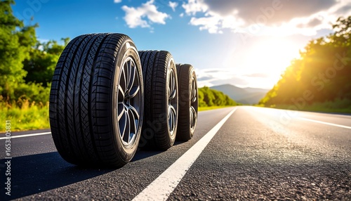 Wallpaper Mural Three new tires sit on a roadside, with a scenic background of a highway, mountains, and a sunset Torontodigital.ca