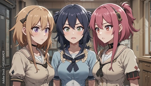 Three anime girls with various hair colors in school uniforms looking at viewer with expressions of concern or surprise, ideal for manga or anime projects