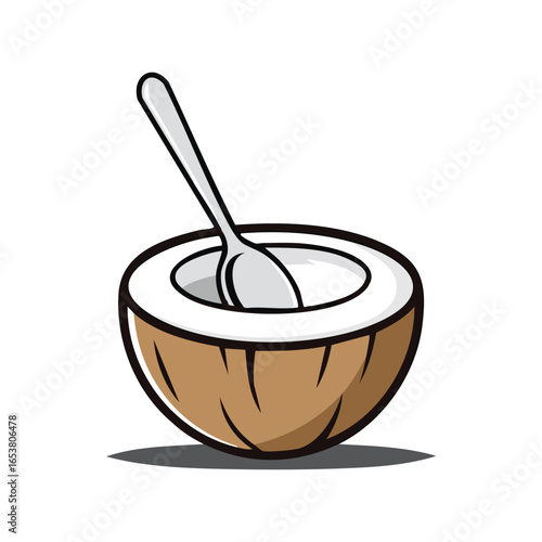 A detailed illustration of a halved coconut with a spoon inside, ready to be eaten.