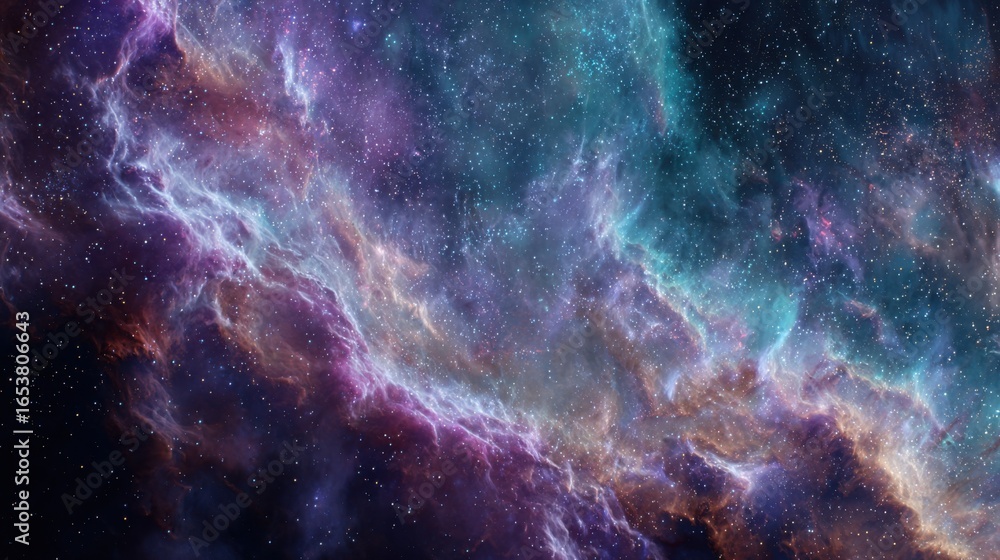 Fototapeta premium Vibrant colors swirl in a nebula amidst countless stars, revealing the mysteries of deep space. The ethereal patterns reflect the beauty of the universe.