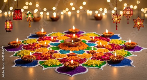 Photo of vibrant diwali rangoli decoration with candles and lanterns, a traditional indian art form for the festival of lights celebration