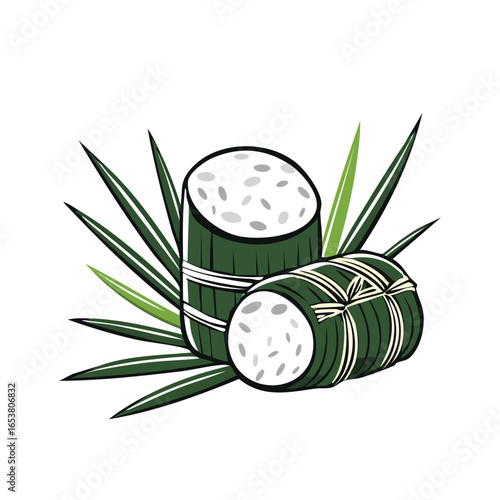 Close-up image of Vietnamese sticky rice cake, a traditional food wrapped in bamboo leaves.