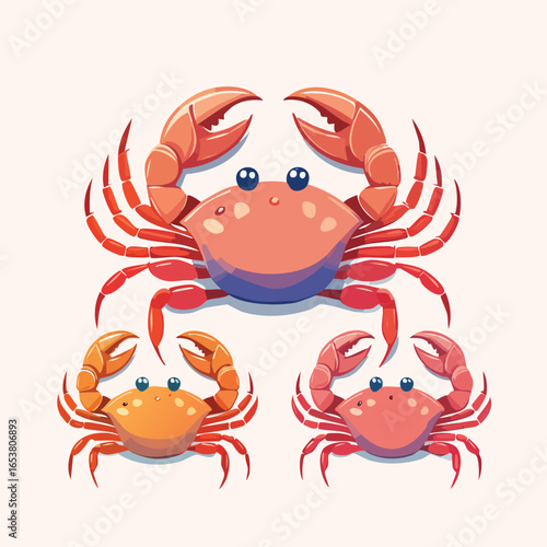 Three cartoon crabs in different colors with claws and smiling faces, isolated.