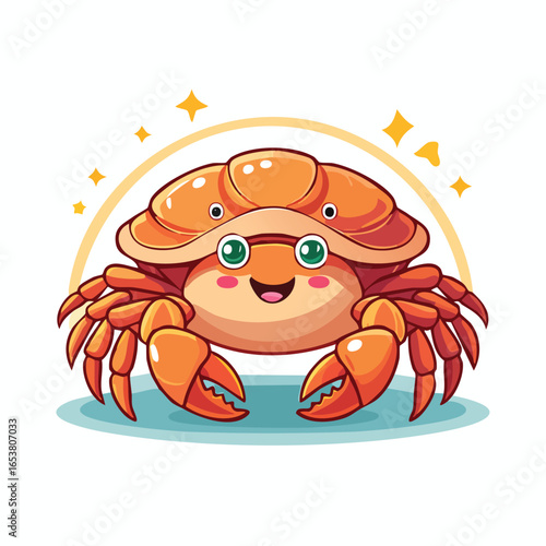 A cheerful cartoon crab with a big smile, orange shell, and happy expression.