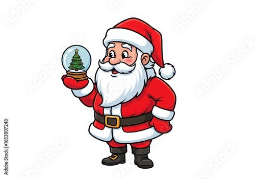 Cartoon illustration of santa claus holding a snow globe isolated on white background