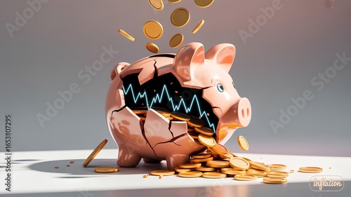Broken piggy bank with graph illustrating inflation trend and economic impact
