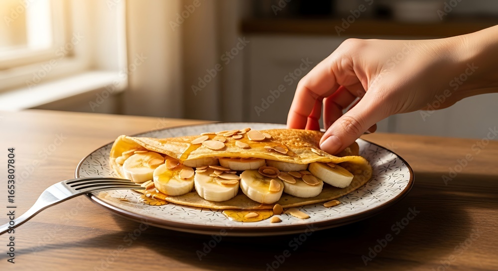 Delicious crepe with fresh bananas, crunchy almonds, and sweet syrup, a perfect breakfast treat. Delicious crepe with fresh bananas, crunchy almonds, and sweet syrup, a perfect breakfast treat.