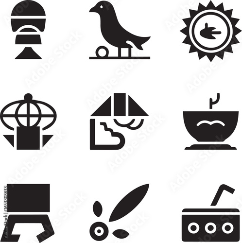Creative Black Glyph Icon Pack, Abstract, Nature, Food, and Technology Vector Symbols, vector icons