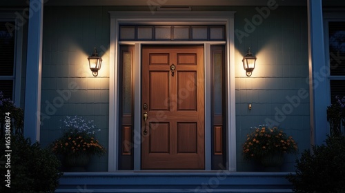 Illuminated front door of a home at night with landscaping
