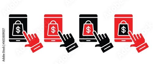 Mobile Shopping Glyph Icon Pack in Red and Black Style Vector Illustration