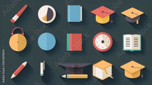 Flat design education icons including books clocks graduation caps and writing implements on dark background