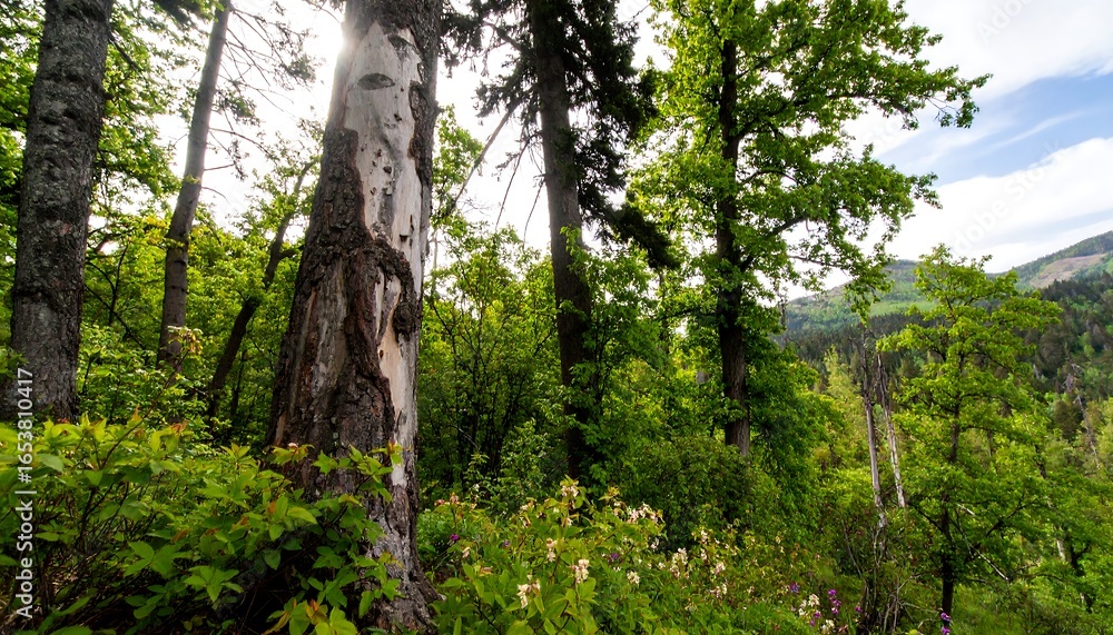 Fototapeta premium Forest scene with sunlight