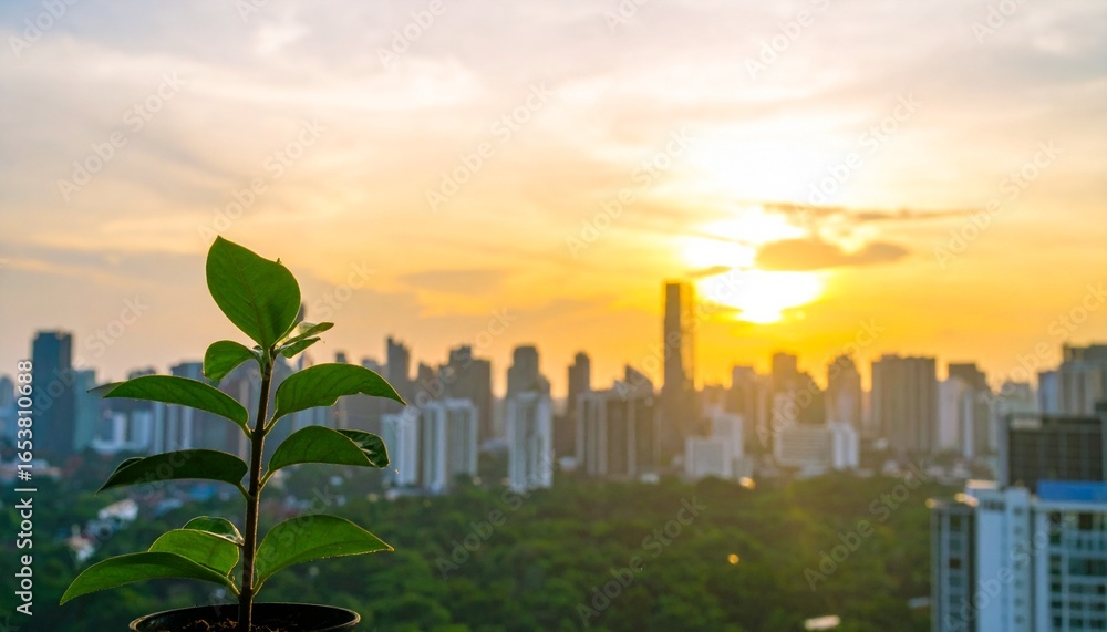 Obraz premium A hopeful symbol of new beginnings, a small green plant sapling thrives against the warm golden glow of a sunset over a city skyline.