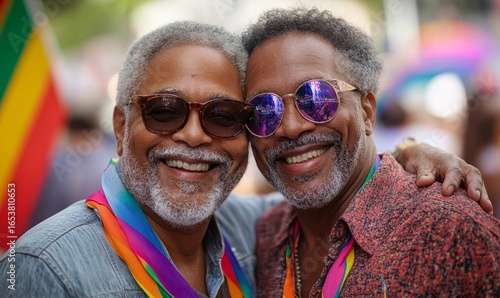Happy senior black gay men hugging at a Pride event. Elderly African American homosexual couple in love, celebrating LGBTQ+ inclusion and diversity at a summer festival. Rainbow, Generative AI
