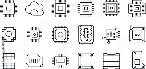 Microchip circuit icons, processor technology outline, artificial intelligence chip, semiconductor board design, digital CPU hardware, cloud computing system vector illustration