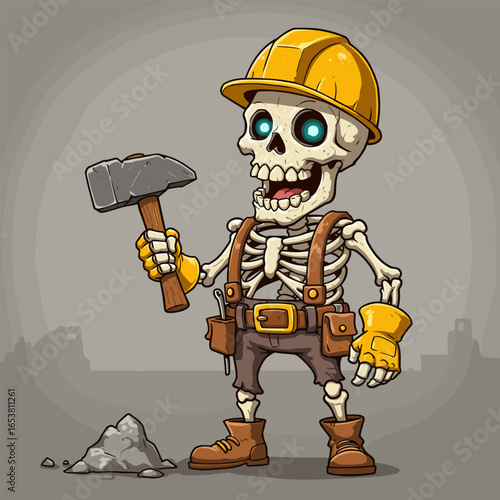 Cartoon skeleton builder with glowing eyes, hard hat, hammer, and tool belt.