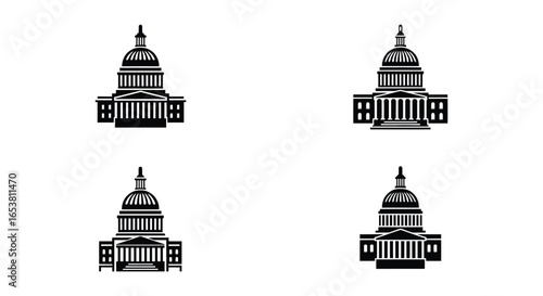 Four variations of a state capitol building icon in black and white
