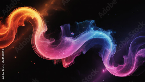 Vibrant swirling smoke trails transitioning from fiery orange to cool blue and purple against a dark background