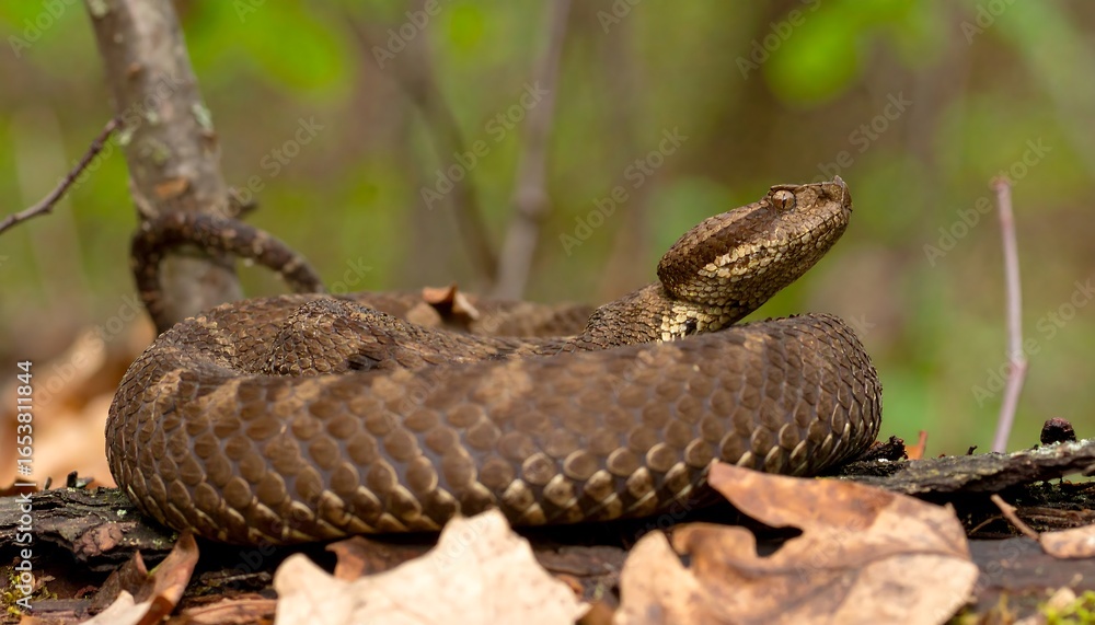 Obraz premium Forest snake coiled on fallen log