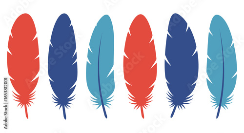 Colorful Feather Collection Red Blue and Teal Plumes in a Row