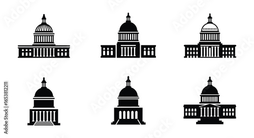 Set of Capitol Building Silhouette Icons Representing Government and American Architecture