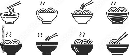 Noodle bowl icon set, ramen soup vector, hot Asian food illustration, chopsticks design, steaming noodles, restaurant menu, Japanese Chinese cuisine