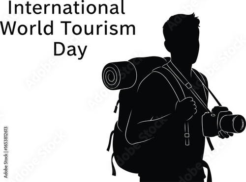 Silhouette of a traveler with a backpack and camera for international world tourism day