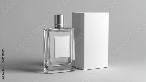 Wallpaper Mural Perfume bottle and blank packaging box mockup on light gray background, minimal studio with wide copyspace Torontodigital.ca