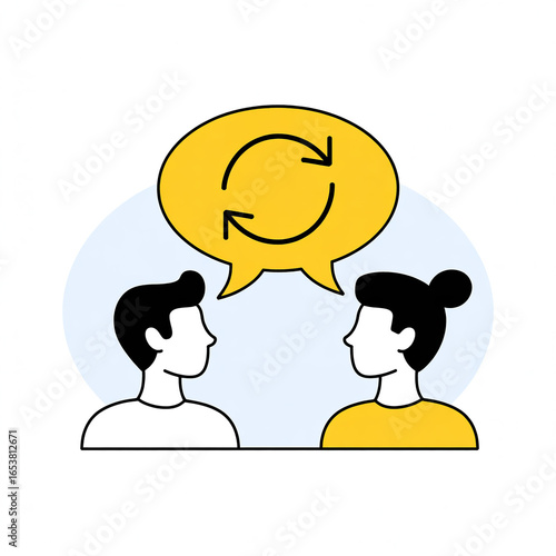 An illustration of two people exchanging ideas, represented by a speech bubble with a circular arrow. It signifies communication, feedback, and the continuous exchange of thoughts.