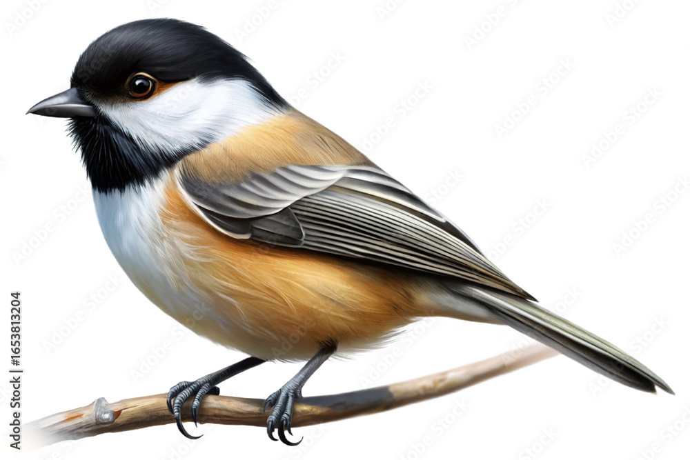 Naklejka premium Black capped chickadee perched on a branch against a black background