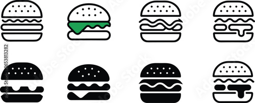 Burger icon collection, cheeseburger outline, fast food logo, sandwich graphic, snack meal vector, restaurant symbol, junk food design, tasty burger illustration