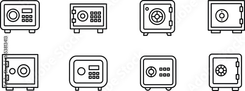 Safe box icon collection, security vault outline, strongbox illustration, protection lock vector, money safe design, secure storage symbol, finance safety graphic