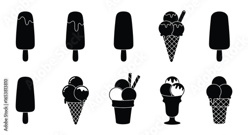 Collection of Various Ice Cream Desserts in Black and White Silhouette Style