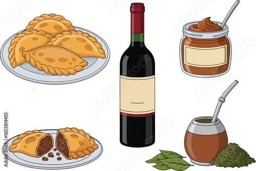 A delightful illustration of Argentinian culinary and beverage staples: empanadas, red wine, dulce de leche, and mate.