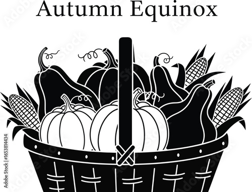 Autumn equinox harvest basket with pumpkins, squash, and corn, a vector illustration for fall season and thanksgiving