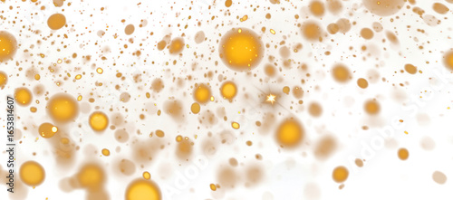 Abstract background of numerous small gold and yellow bubbles and particles floating and suspended in a dynamic, bright, and shiny pattern, isolated on transparent background