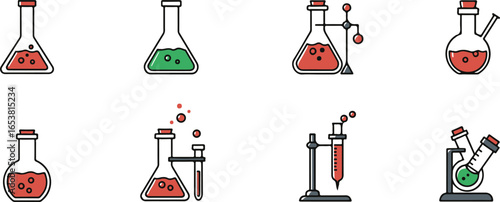 Colorful Chemistry Laboratory Glassware and Scientific Icons with Bubbles science experiment