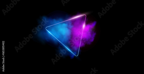 Geometric figure in neon light against a dark tunnel. Laser glow. Neon backgrounds